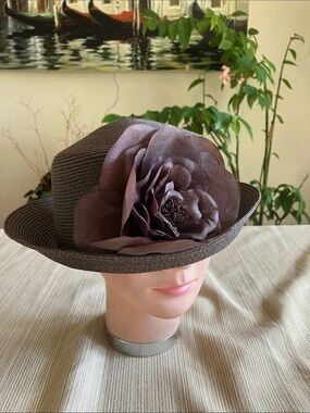 Chocolate Brown Straw Hat with Large Organza Fabric Flower